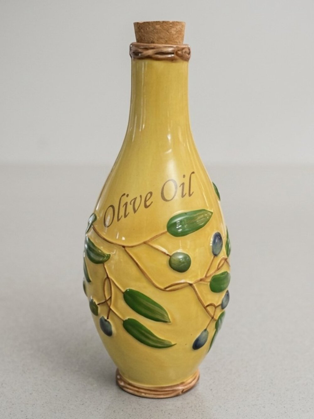 Vintage Pacific Rim Olive Oil Bottle Yellow Green Leaf Ceramic Cork Stopper 8”